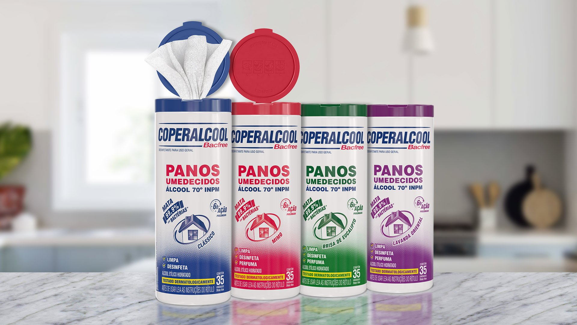 Mockup 3D de embalagem desenvolvido para a marca Bacfree pela Criativoo. Foco em Mockup 3D Coperalcool.