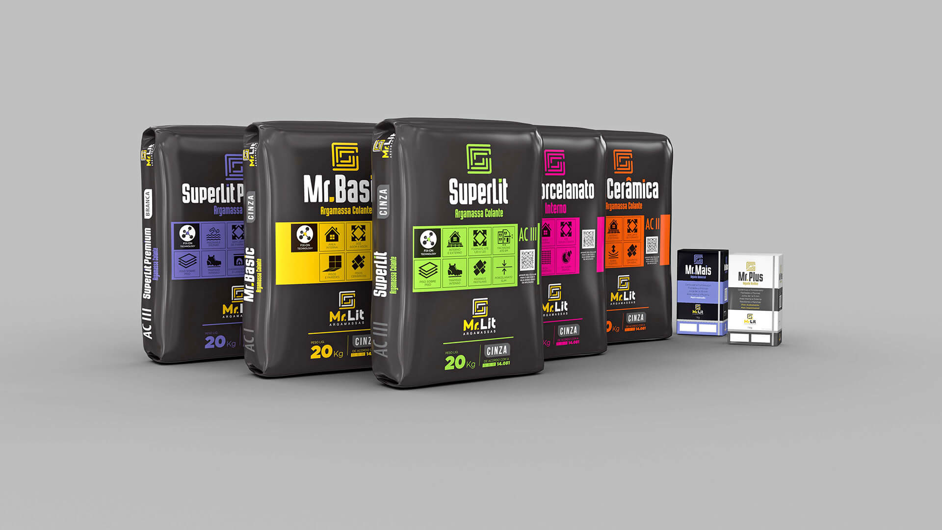 Mockup 3D de embalagem desenvolvido para a marca Mr.Lit pela Criativoo. Foco em Mockup Digital 3D Argamassa.
