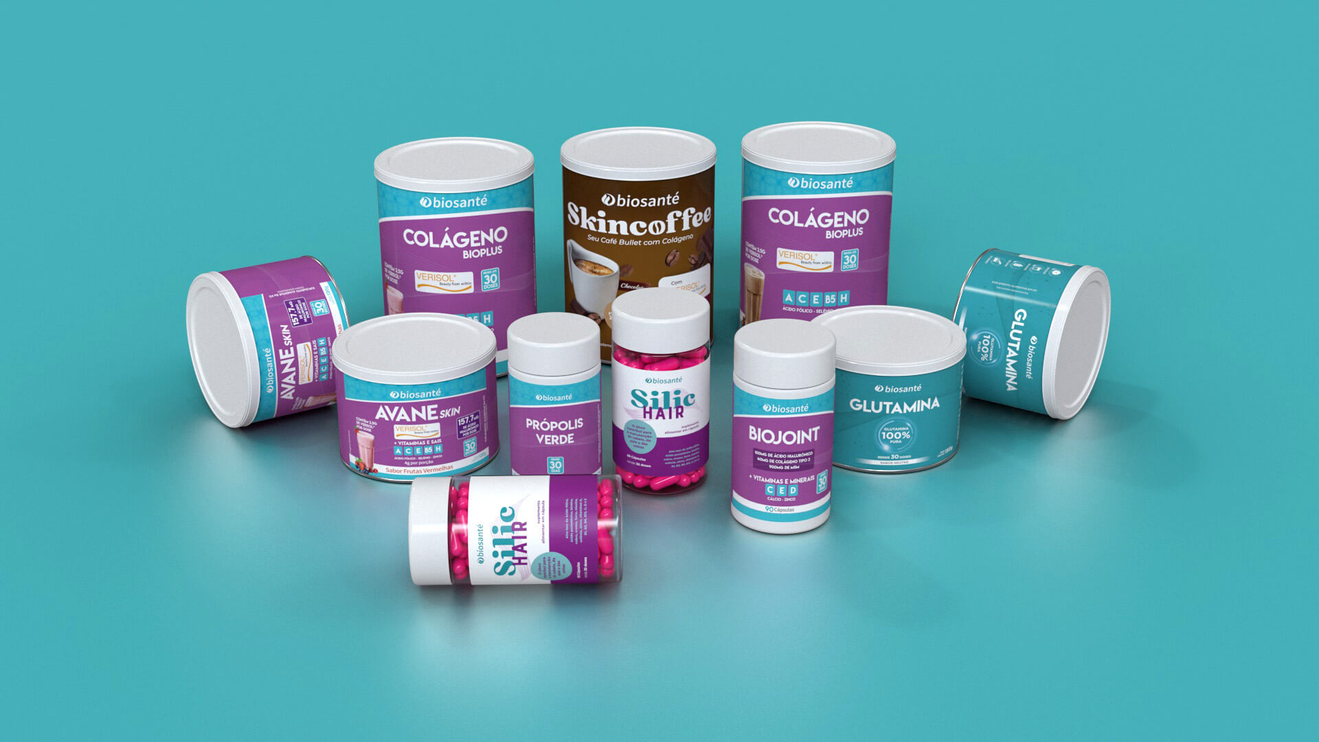 Mockup 3D de embalagem desenvolvido para a marca Biosanté pela Criativoo. Foco em Mockup digital 3D Colágeno.