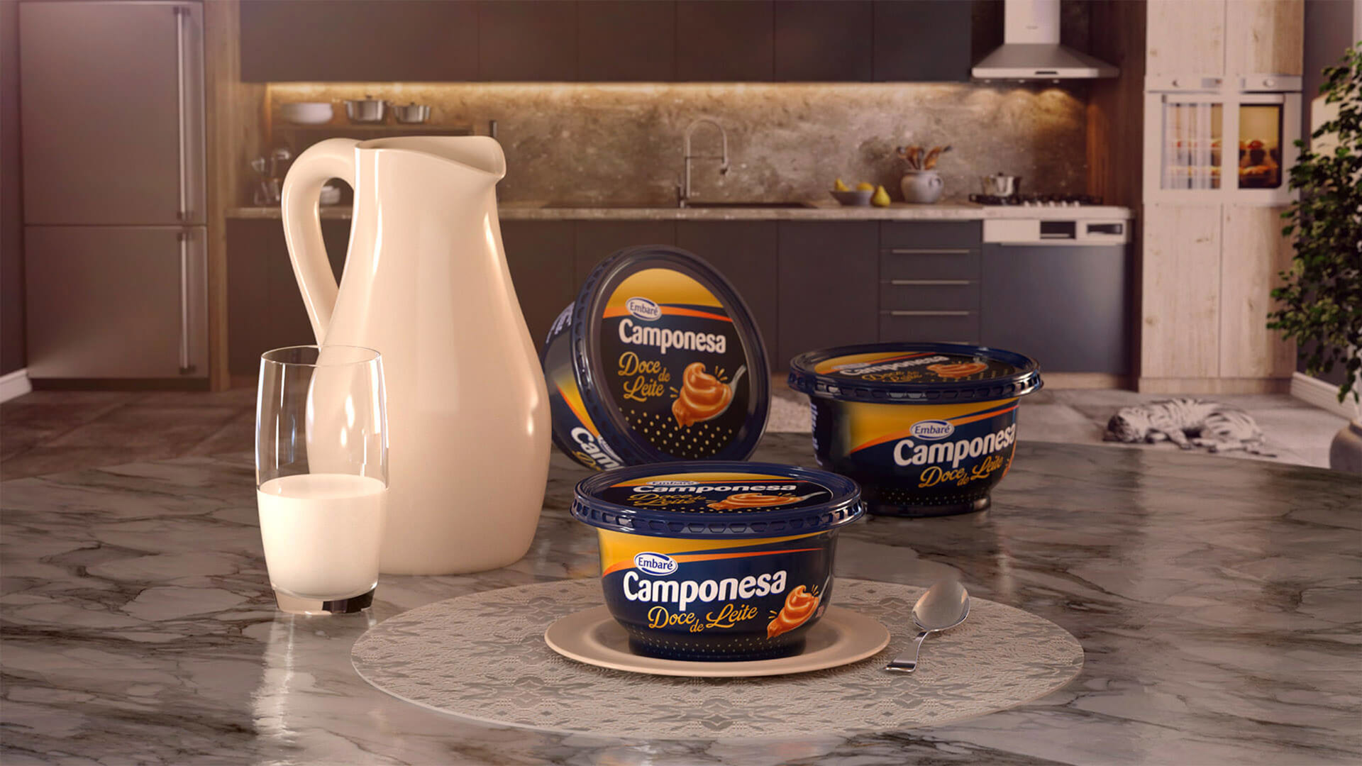 Mockup 3D de embalagem desenvolvido para a marca Camponesa pela Criativoo. Foco em 3D Packshot - Doce de Leite.
