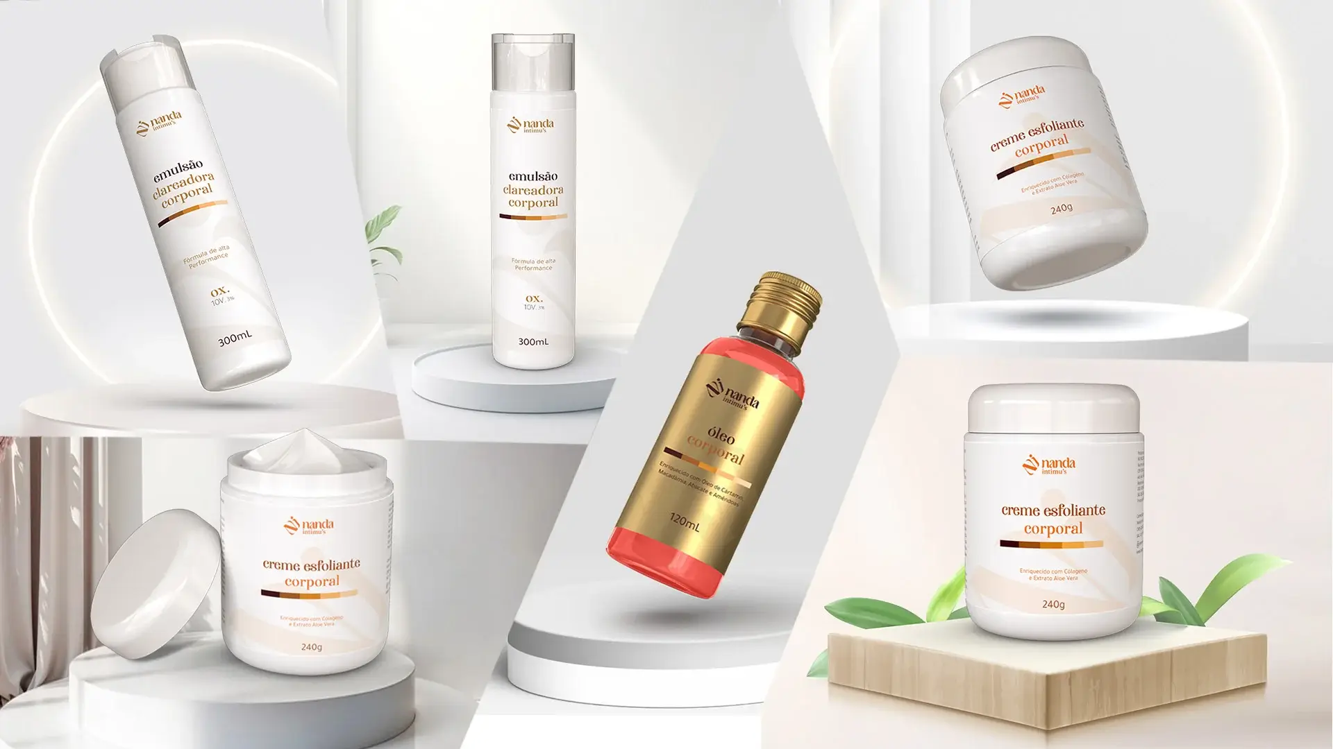 Mockup 3D de embalagem desenvolvido para a marca Nanda Cosméticos pela Criativoo. Foco em Embalagem Cosméticos 3D.